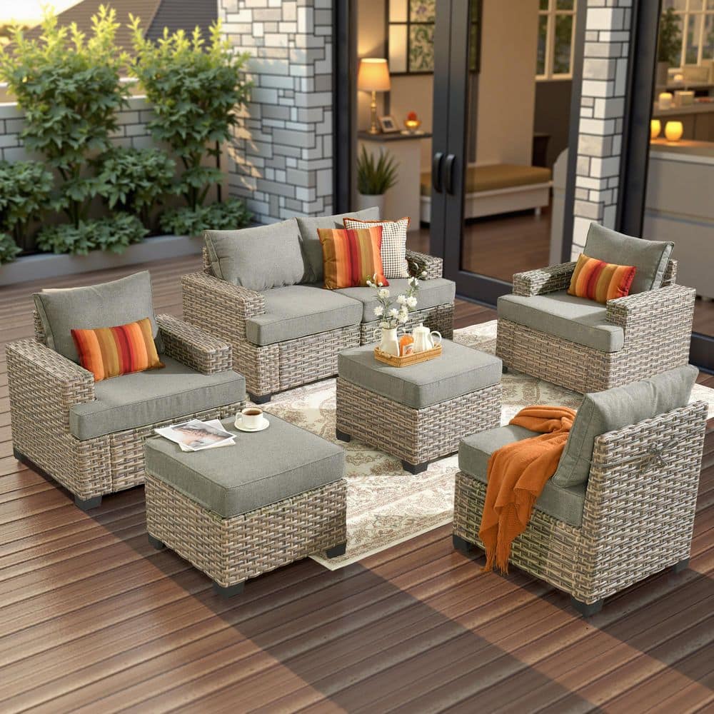 Silvae Gray 7-Piece Wicker Outdoor Patio Conversation Sectional Sofa Set with Dark Gray Cushion and 2 Ottomans price history on PriceWatchPro