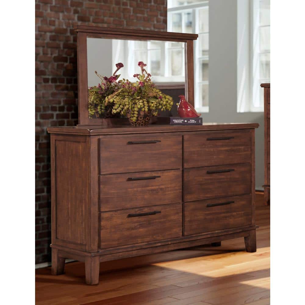 Chestnut Brown Wood 6-Drawer Dresser with Mirror