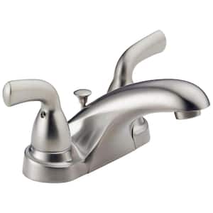 Foundations 4 in. Centerset 2-Handle Low-Arc Bathroom Faucet with Metal Drain Assembly in Stainless