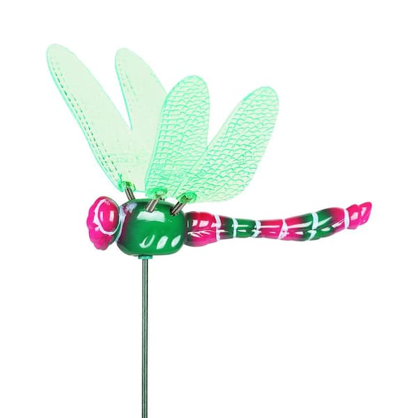 WindyWing Dragonfly 1.28 ft. Pink Green Metallic Multi-Color Plastic Garden Stake