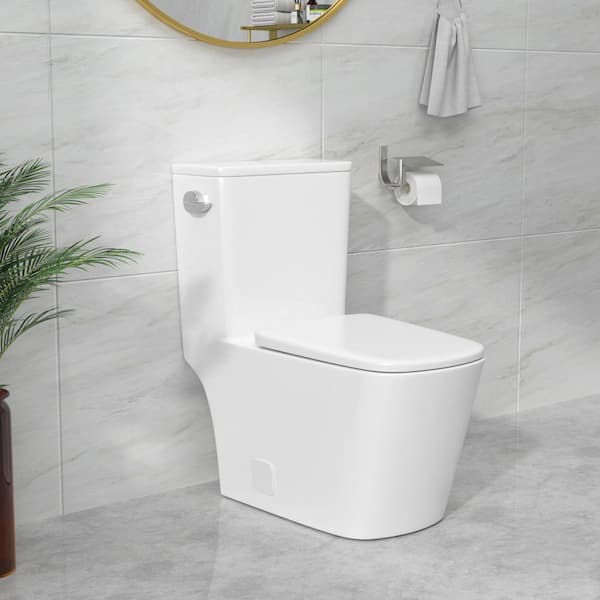 One-Piece 1.28/1.1 GPF High Efficiency Single Flush Elongated Toilet in White Slow Close Seat Included