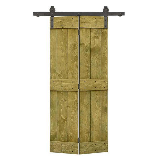 CALHOME 22 in. x 84 in. Mid-Bar Series Solid Core Jungle Green Stained DIY Wood Bi-Fold Barn Door with Sliding Hardware Kit