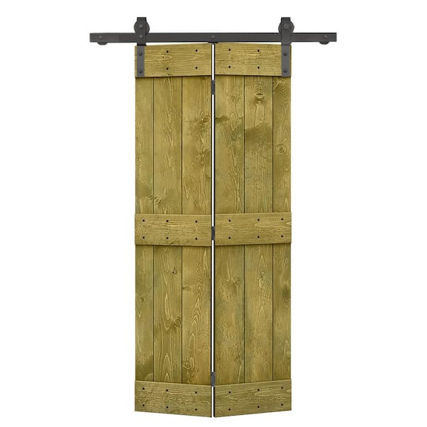 CALHOME 26 in. x 84 in. Mid-Bar Series Jungle Green Stained DIY Wood Bi-Fold Barn Door with Sliding Hardware Kit