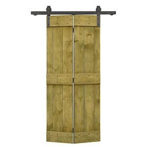 36 in. x 84 in. Mid-Bar Series Jungle Green Stained DIY Wood Bi-Fold Barn Door with Sliding Hardware Kit