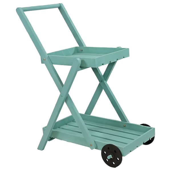 34 in. Robin Egg Blue Fir Wood 2-Tier Wheeled Planter Stand