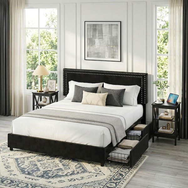 3-Piece Black Metal King Bedroom Set with Platform Bed and 2 Nightstands