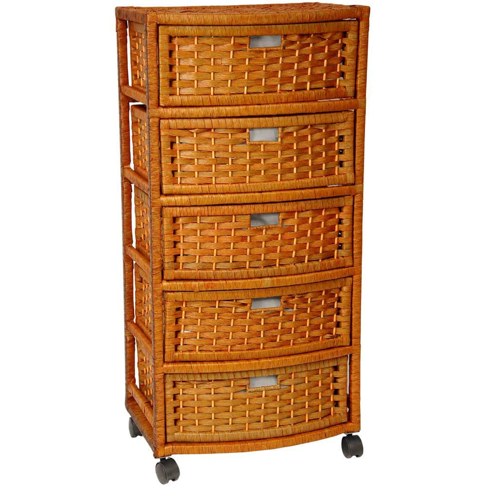 Honey Brown Woven Fiber 5-Drawer Storage Chest with Casters