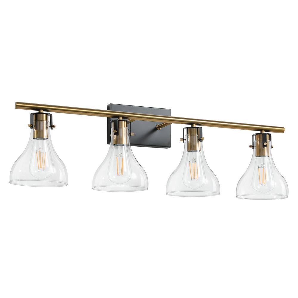 KAISITE 32 in. 4-Light Black and Gold Vanity Light with Clear Glass ...