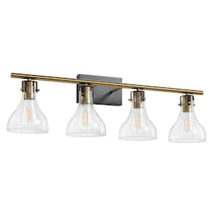 32 in. 4-Light Black and Gold Vanity Light with Clear Glass Shade Modern Bathroom Light Fixtures