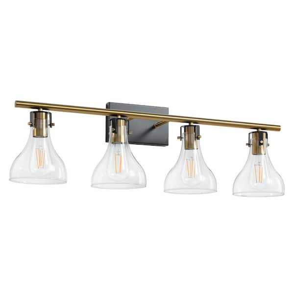 KAISITE 32 in. 4-Light Black and Gold Vanity Light with Clear Glass Shade Modern Bathroom Light Fixtures