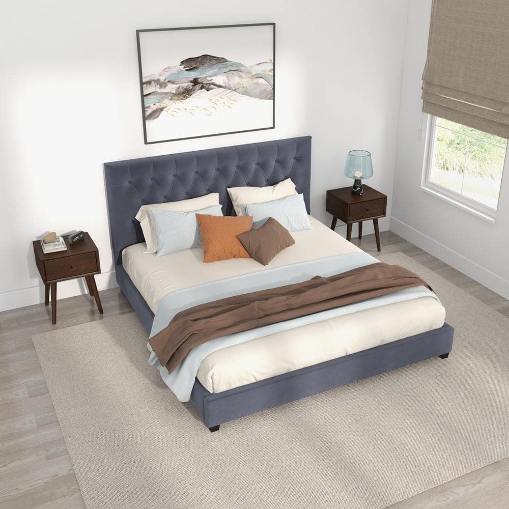 Elda Gray Velvet Upholstered King Platform Bed with Tufted Headboard
