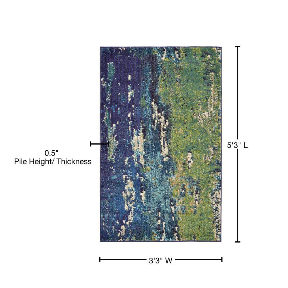Navy Blue and Green Abstract Rectangular Area Rug