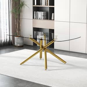 Large Modern Rectangular Clear Glass Dining Table 71 in. W Golden Cross Legs Table Base Type Dining Table Seats 6