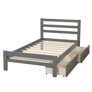 Gray Wood Frame Twin Size Platform Bed with 2-Drawers