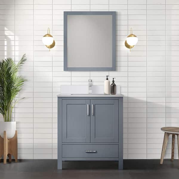 Lexora Jacques 30 in. W x 22 in. D Dark Grey Bath Vanity, Cultured Marble Top, Faucet Set, and 28 in. Mirror