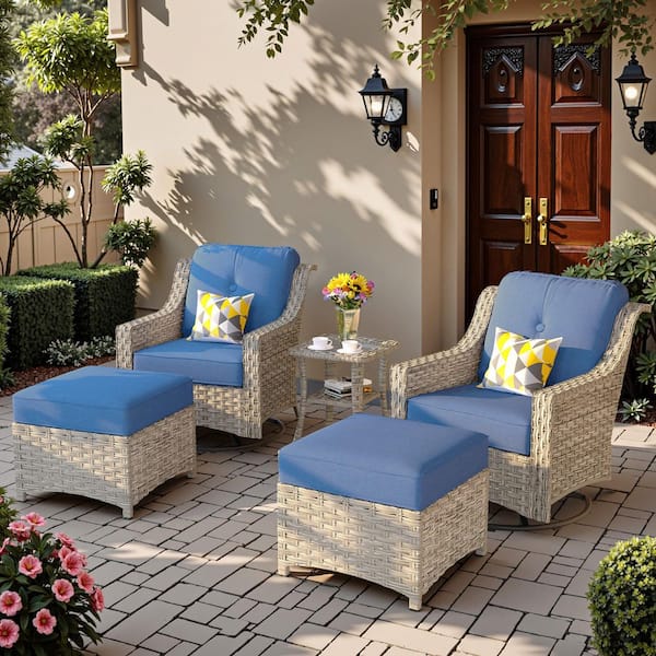 Eureka Grey 5-Piece Modern Wicker Outdoor Patio Conversation Swivel Rocking Chair Seating Set with Blue Cushions