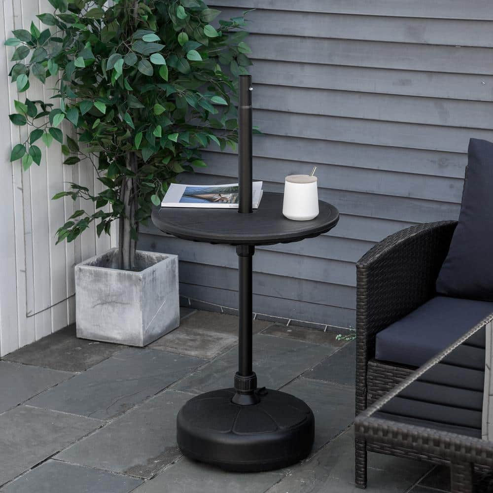 Black Round HDPE Umbrella Table Tray with Wood Grain Pattern