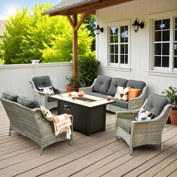 HOOOWOOO Verona 5-Piece Wicker Modern Outdoor Patio Fire Pit Furniture Conversation Sofa Loveseat Set with Black Cushions