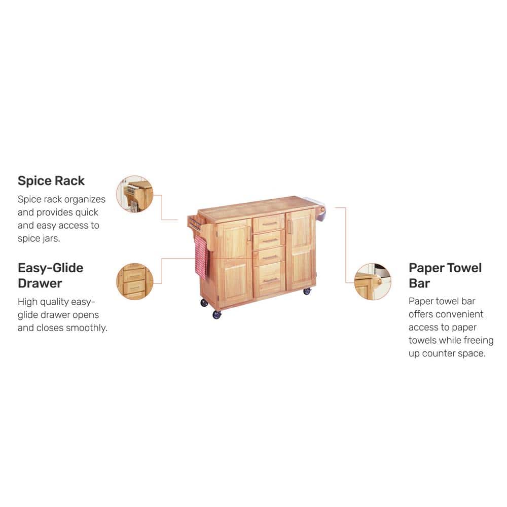 Natural Oak Drop-Leaf Rectangular Kitchen Cart with Spice Rack and Storage