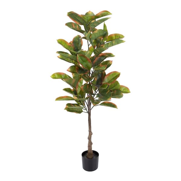 Pure Garden 51- Inch Variegated Green Artificial Rubber Tree with Natural Feel Leaves in Pot