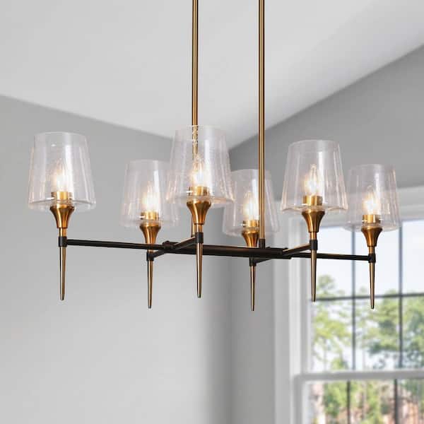 6-Light Modern Brass Gold Chandelier Light, Black Hanging Pendant Linear Hanging Ceiling Light with Seeded Glass