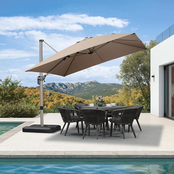 PURPLE LEAF 10 ft. Square Outdoor Patio Cantilever Umbrella Light Champagne Aluminum Offset 360° Rotation Umbrella with Base, Taupe