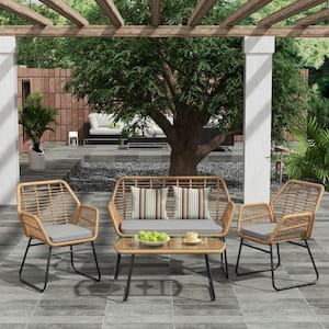 Molly 4-Piece Wicker Outdoor Patio Conversation Seating Set with Removeable Gray Cushions