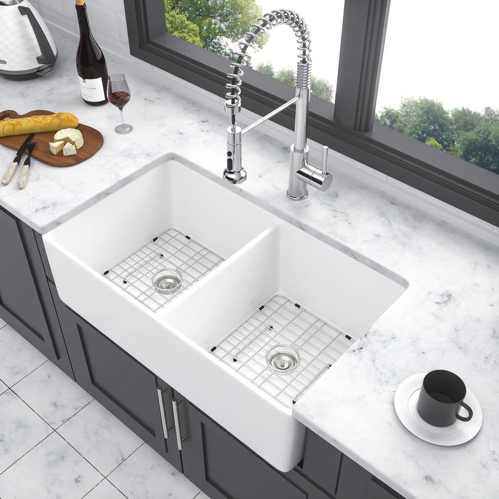 32 in. Farmhouse/Apron-Front Double Bowl (50/50) White Ceramic Kitchen Sink with Bottom Grids price history on PriceWatchPro