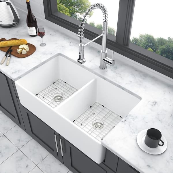 32 in. Farmhouse/Apron-Front Double Bowl (50/50) White Ceramic Kitchen Sink with Bottom Grids