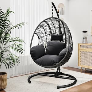 Stylish Outdoor Gray Wicker Patio Swing Egg Chair with Dark Gray Cushion and Pillow