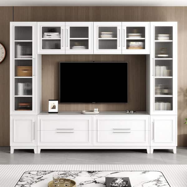 102" W Modern Large Wall Unit Entertainment Center White TV Stand Fits TVs up to 75 in. with Fluted Glass Doors, Drawers