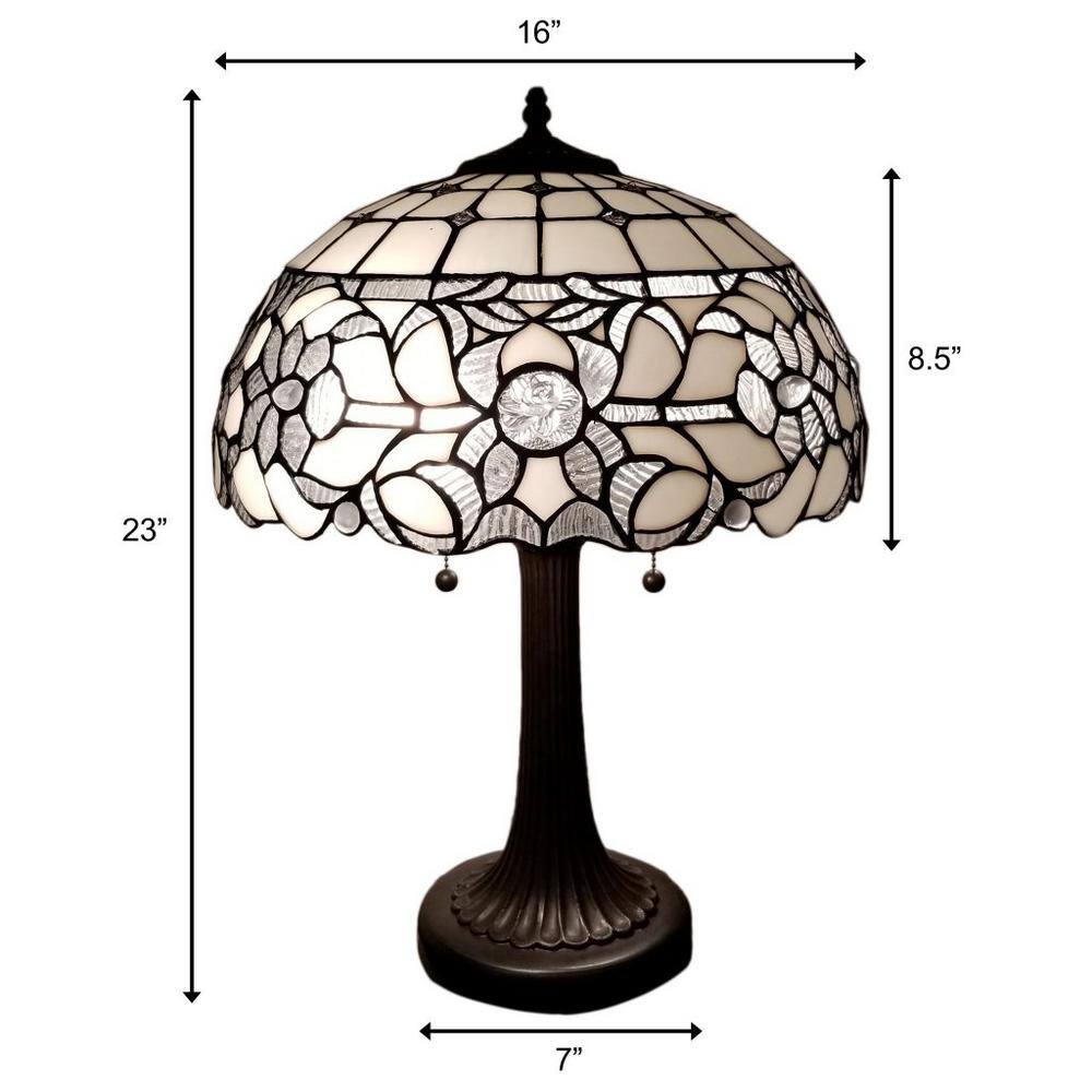 White and Translucent Stained Glass Table Lamp with Dark Brown Base