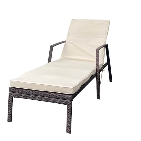 Zeus & Ruta 75 in. Brown Rattan Wicker Outdoor Lounge Chairs with 5-Position Adjustable Backrest and Beige Cushion for Garden Patio