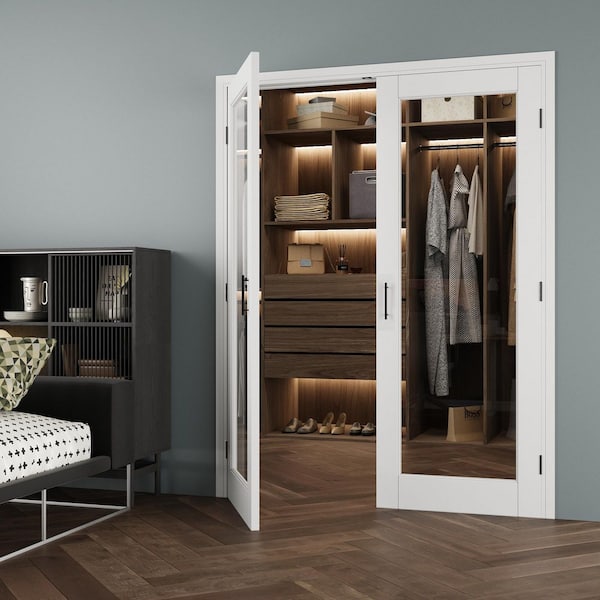60 in. x 80 in. 1-Lite Clear Glass Universal White Solid Core Wood Double Prehung French Door+ Separate Jamb&Ball Catch