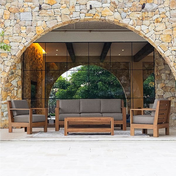 Largo 4-Piece Teak Wood Outdoor Patio Conversation Set with Gray Cushion