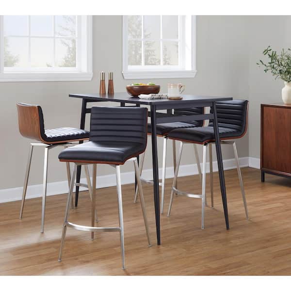 Lumisource Marcel-Mason 5-Piece Black Faux Leather Walnut Wood Stainless Steel Black Metal and Black Wood Counter Height Dining Set