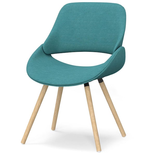 Simpli Home Malden Mid Century Modern Bentwood Dining Chair with Light Wood in Turquoise Blue Polyester linen