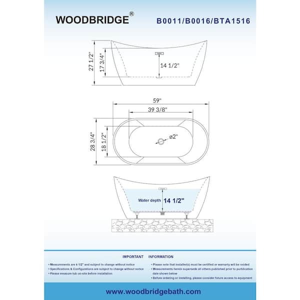 Springston 59 in. Acrylic FlatBottom Double Slipper Bathtub with Brushed Gold Overflow and Drain Included in White