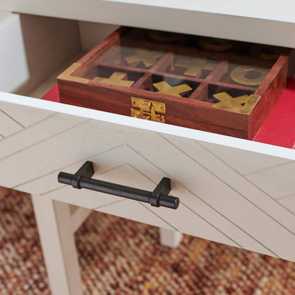 Chevron-Inspired Distressed White Wood & Metal Accent Table with Storage