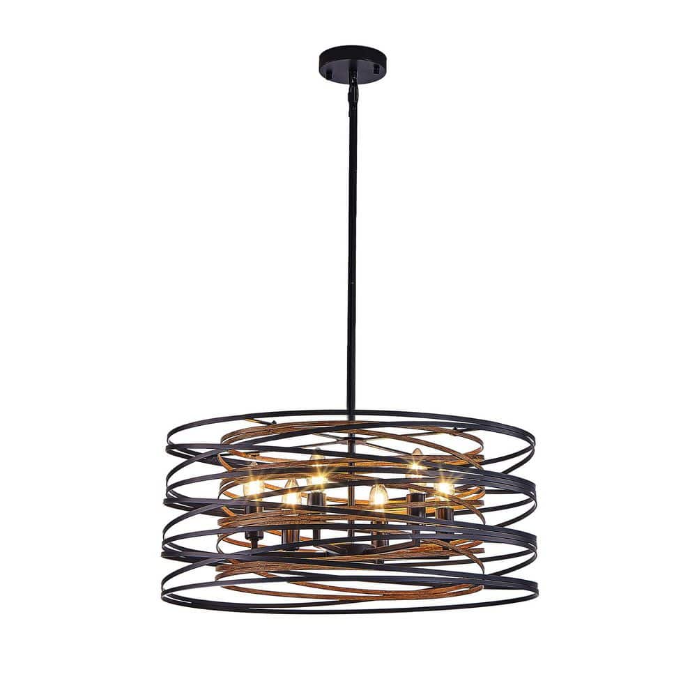 23.6 in. 6-Light Walnut Rustic Industrial Pendant Light with 2 Down Rods Adjustable and Wood Accent price history on PriceWatchPro