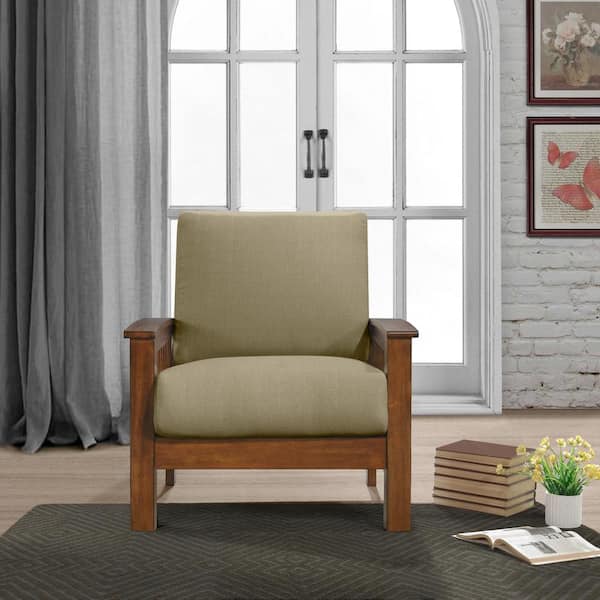 Handy Living Omaha Mission Style Arm Chair with Exposed Cherry Wood Frame in Barley Tan Linen 340C LIN82 175C The Home Depot