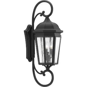 Verdae Collection 3-Light Textured Black Clear Seeded Glass New Traditional Outdoor Extra-Large Wall Lantern Light
