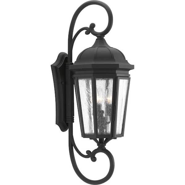 Progress Lighting Verdae Collection 3-Light Textured Black Clear Seeded Glass New Traditional Outdoor Extra-Large Wall Lantern Light