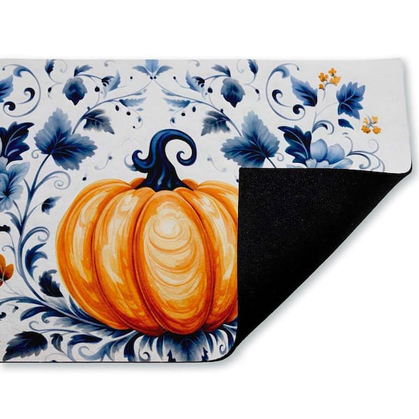 Pumpkin with Symmetrical Florals Blue 18 in. x 30 in. Polyester Non-Slip Outdoor Door Mat