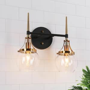 Capensis Mid-Century Modern 13.8 in. 2-Light Brass and Black Vanity Light with Clear Globe Glass Shade