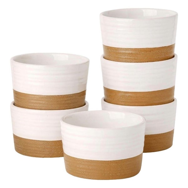 8 oz. Ceramic Round Ramekins Oven Safe Dessert Bowls with Patchwork White Brown Design Set of 6 for Baking