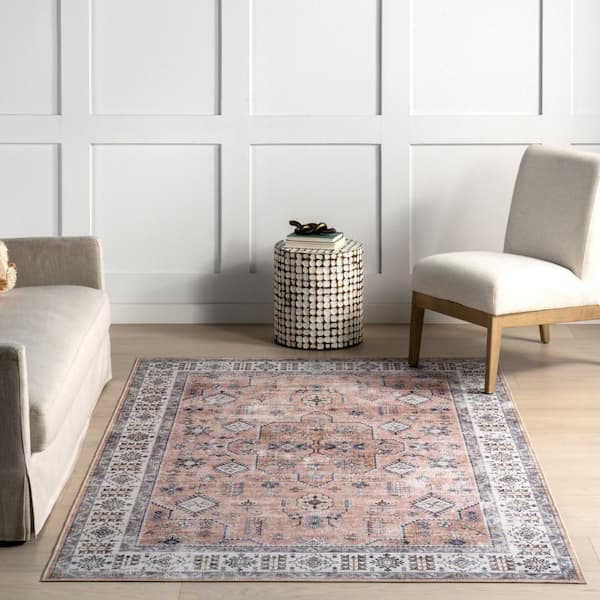 nuLOOM Darla Medallion Washable Peach 9 ft. x 12 ft. Indoor Area