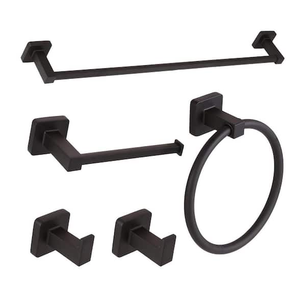 5-Piece Bathroom Hardware Set with Towel Bar Towel Ring Toilet Paper Holder 2 Towel Hooks in Matte Black