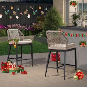 Modern Aluminum Twill Wicker Woven Counter Height Outdoor Bar Stool with Back and Dark Gray Cushion (2-Pack)