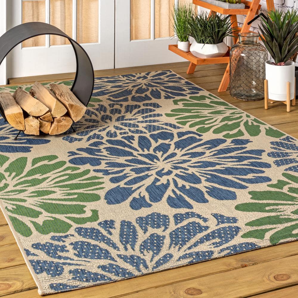Zinnia Navy & Green Modern Floral Flatweave 3x5 Indoor/Outdoor Rug